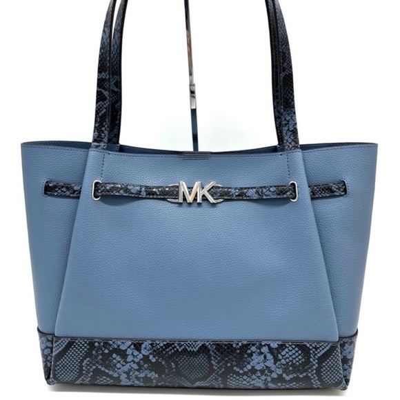 Michael Kors Reed Large Tote Bag Denim Snakeskin Blue - Picture 1 of 11
